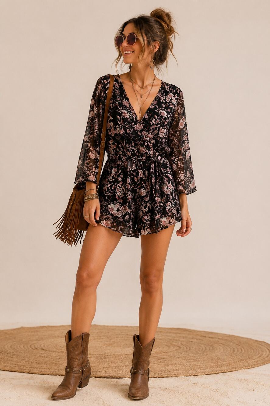 Band of Gypsies Floral Chiffon Romper Women's S Black Pink Boho Long Sleeve